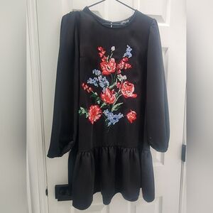 Express Black Dress with Red and Blue Floral Embroidery